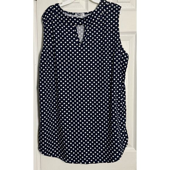StitchWurks Navy Blue Sleevless Blouse With White Polka Dots. Key Hole, 1X - Picture 1 of 5